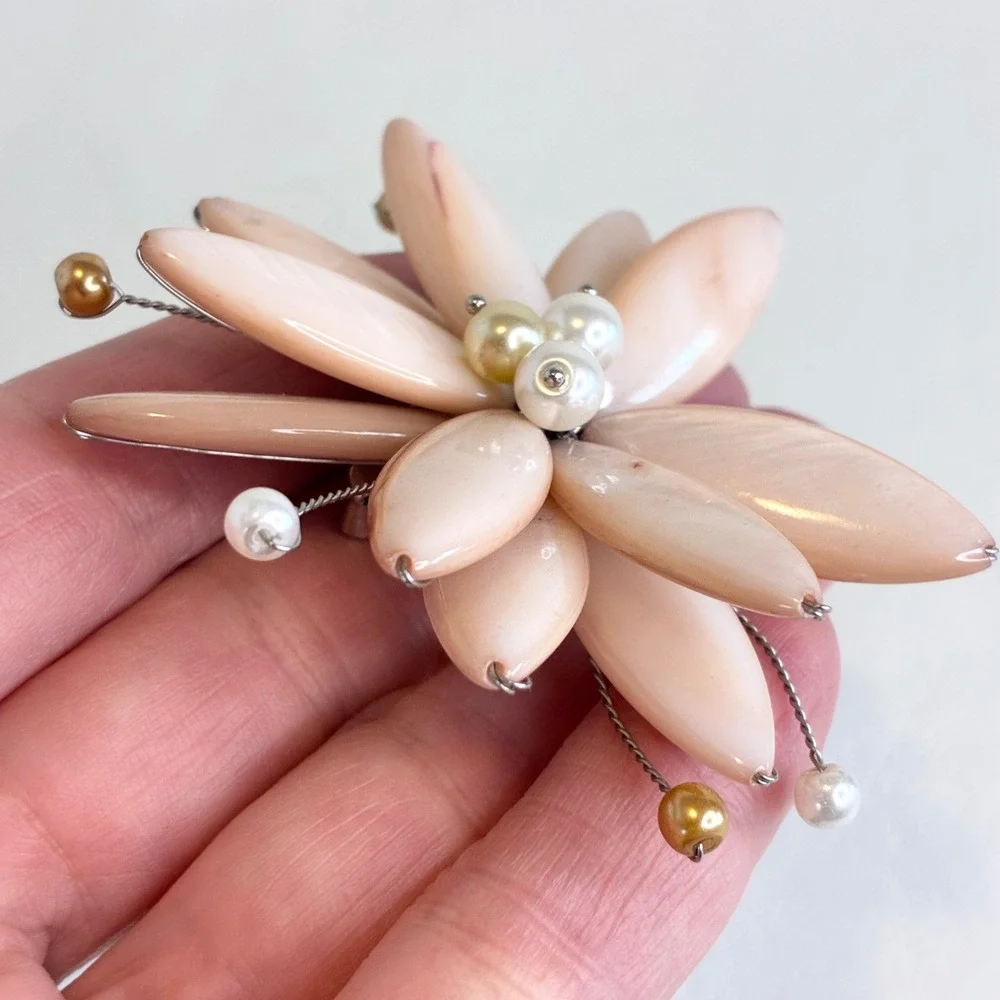 Vintage Flower Brooch Peach Carved Shell Faux Pearl Petal Statement Pin